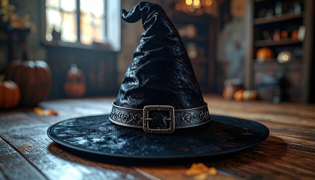 3D Illustration of a classic black witch hat with a decorative silver buckle displayed in a spooky Halloween room.