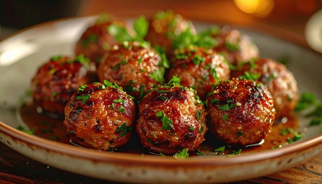 Golden brown meatballs garnished with parsley served on a rustic ceramic plate, 3D Illustration, warm restaurant lighting.