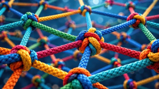 Intricate web of colorful knotted ropes creating vast network mesh for communication and data infrastructure.