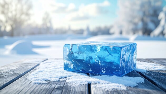 Rough blue ice block resting on a snowy wooden surface in a winter landscape, 3D Illustration.