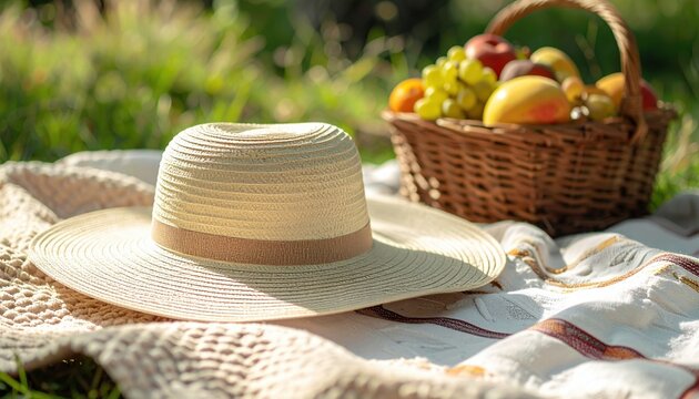 3D Illustration of a cream colored floppy sun hat resting on a woven picnic blanket beside a basket of summer fruit.
