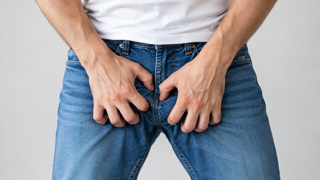 A man wearing a white shirt and blue jeans intensely scratching his groin area, experiencing an uncomfortable itchy sensation. 