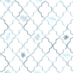 Light blue watercolor quatrefoil and floral accent seamless pattern © BASILACA
