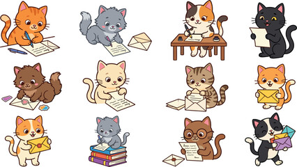 Obraz premium Cute Cartoon Cat Illustration Set Featuring Kittens Writing Letters, Reading Books, Sending Mail and Studying with Envelopes and Stationery