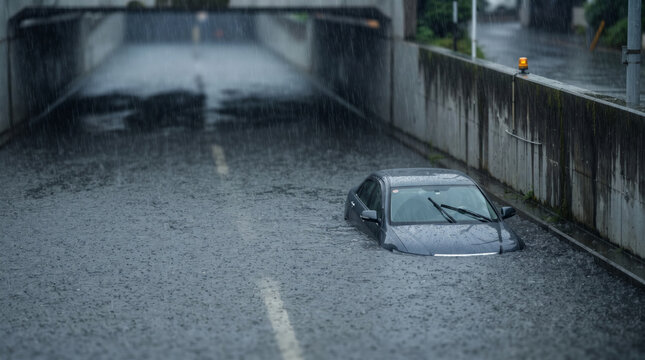 豪雨により冠水したアンダーパスで立ち往生する水没車両