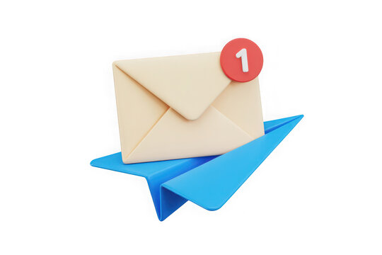 A 3D envelope with a notification badge resting on a paper plane isolated on transparent background. Perfect for digital communication and messaging concepts.