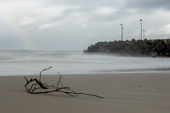 View of a piece of driftwood on a sandy beach with a concrete breakwater and a faint rainbow in the distance in Poland.