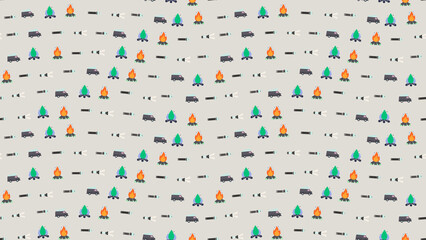 Camping Icons Pattern with Campfires, Vans, and Flashlights © ALDOFA