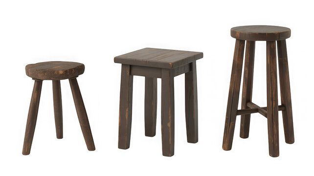 Three rustic wooden stools of different shapes and heights isolated on transparent background. Perfect for interior design and furniture showcase concepts.