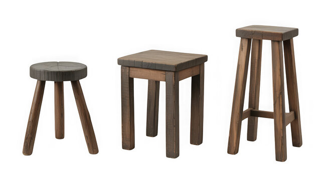 Three rustic wooden stools of varying heights isolated on transparent background. Seating and furniture concept.