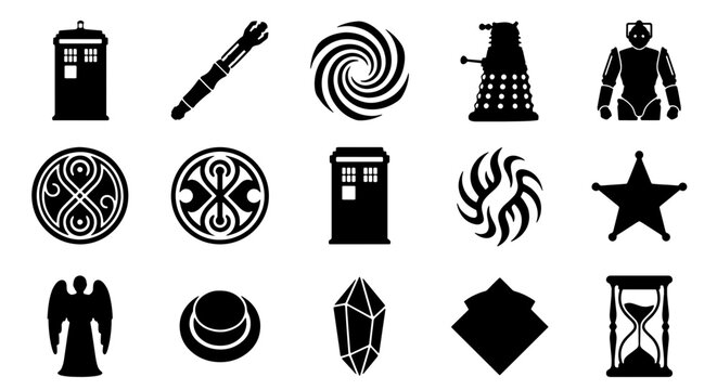 Sci-Fi Icons Collection: Time Machine, Sonic Screwdriver, Dalek, Robot, Sheriff Star, Hourglass