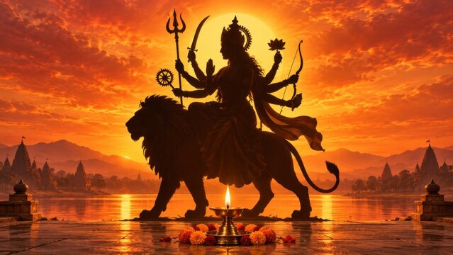 Maha navami background with durga puja silhouette.