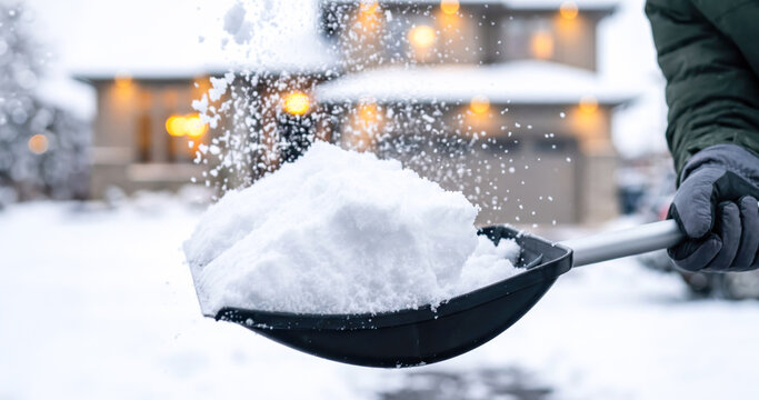 A person is using a shovel to move snow from a driveway in front of a house. Snowflakes are falling. The scene shows winter conditions and a residential area