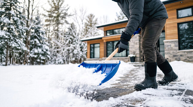 A person is clearing snow from the driveway in front of a modern house. Snow covers the ground and trees in the background. It is winter