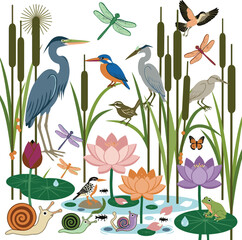 Obraz premium Generated on colorful Silhouette of cattails plants, herons birds, cute small swamp bird, snails, dragonflies and flowers lotus vector art on white background