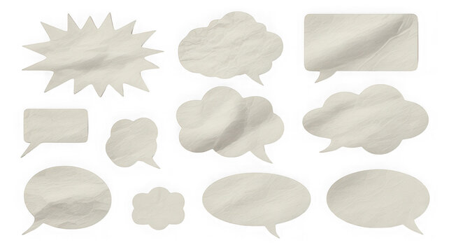 Set of white crumpled paper speech bubbles and dialog clouds isolated on transparent background. Perfect for comic book design and chat concepts.