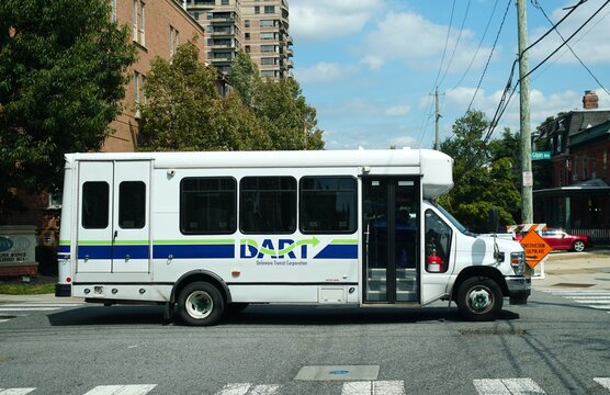 Wilmington, Delaware, U.S.A - Sept 12, 2026 - DART public transit shuttle bus operating in an urban area, supporting local transportation and community mobility.