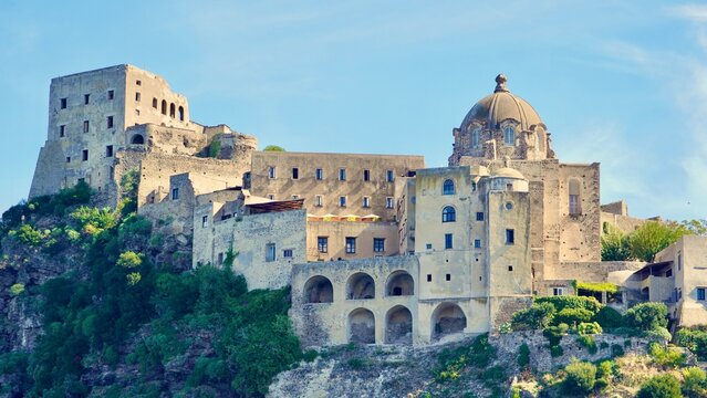 Closeup view of Aragonese Castle on the Island of Ischia, Italy