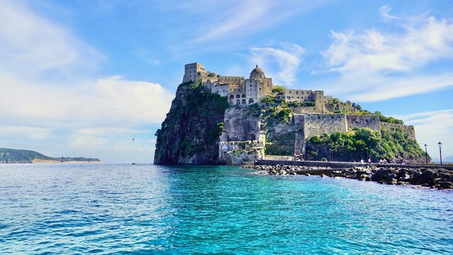 The Medieval Aragonese Castle on an island joined to Ischia Ponte by a pedestrian causeway.  Ischia, Italy