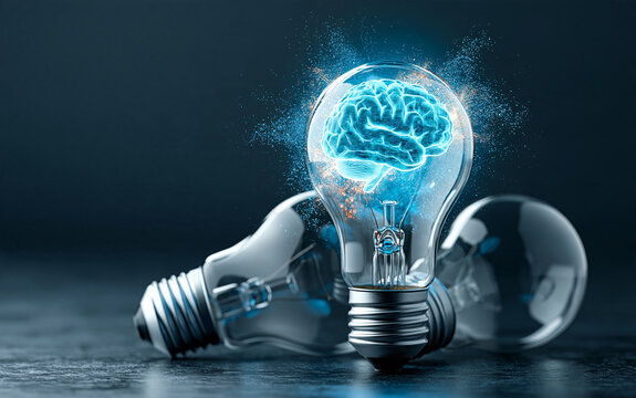 A glowing digital brain inside a light bulb represents an artificial intelligence breakthrough, a creative idea, and unique tech innovation for futuristic machine learning and human logic