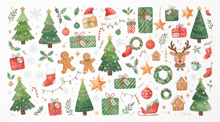 Naklejka premium Set of hand drawn watercolor christmas elements including trees gifts gingerbread men reindeer and festive holiday decorations