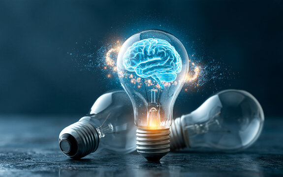 A glowing digital brain inside a light bulb represents an artificial intelligence breakthrough, a creative idea, and unique tech innovation for futuristic machine learning and human logic