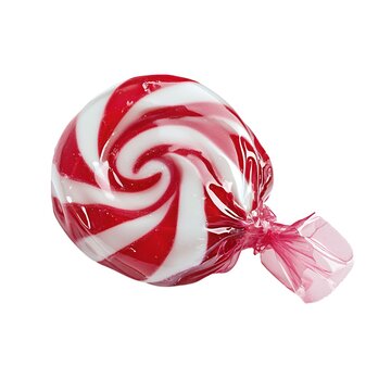 A red and white swirled hard candy is wrapped in a translucent pink wrapper