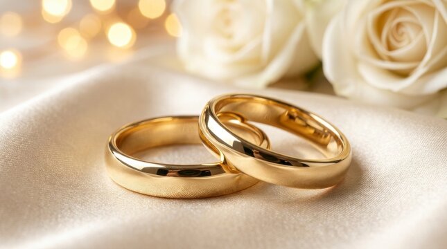 Two golden wedding rings on a luxurious satin fabric with white roses and bokeh lights in the background, symbolizing love and commitment