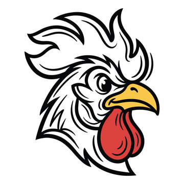 Rooster head illustration with vibrant comb and bold outline for farm or poultry branding