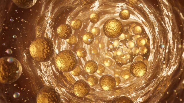 Close-up view of golden fat cells or cholesterol particles flowing through a vein or artery, representing health and medical concepts.