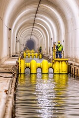 Fototapeta premium Workers in safety gear operate machinery in a long, submerged tunnel, maintaining vital infrastructure