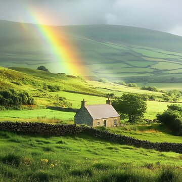 A charming stone cottage nestled in a verdant Irish countryside, a vibrant rainbow arches over rolling green hills