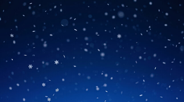 Minimal winter background with falling white snowflakes on midnight blue