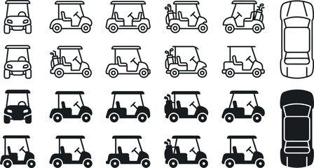 Comprehensive golf cart vector icon set illustration featuring front side and top down views in outline and silhouette styles isolated on white background © Jannatun
