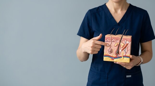 Dermatologist in blue scrubs points to an anatomical model of human skin layers against a solid grey backdrop.