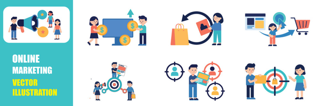 Online Marketing Vector Illustration Set with Digital Strategy Concepts