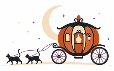 Obraz premium Magical Halloween pumpkin carriage with black cats under crescent moon