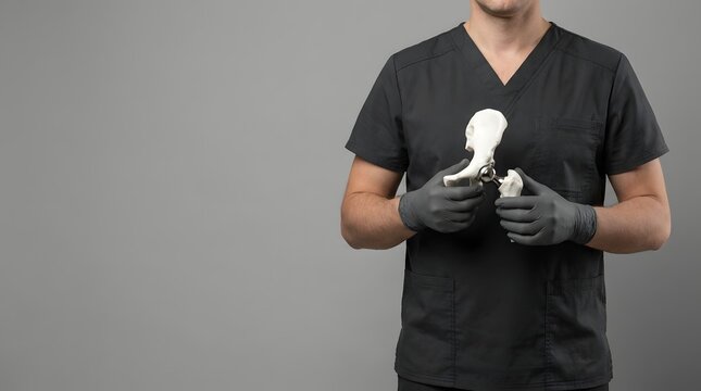 Surgeon in black scrubs holding a human hip replacement model on a grey background with studio lighting setup.