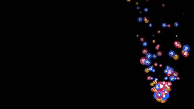 Stream of floating heart icons, like and heart eyes reaction emojis rising up, Floating social style heart emojis on a black background, perfect for Live streaming reaction 4k loop