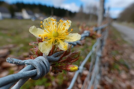 A beautiful yellow flower blooms on a barbed wire fence, a resilient and delicate symbol of nature amidst an industrial landscape, revealing a touch of spring