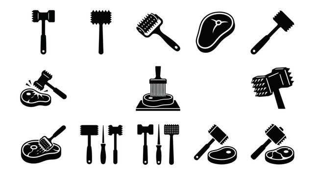 Meat tenderizer icon set featuring various kitchen tools and steak cuts in black