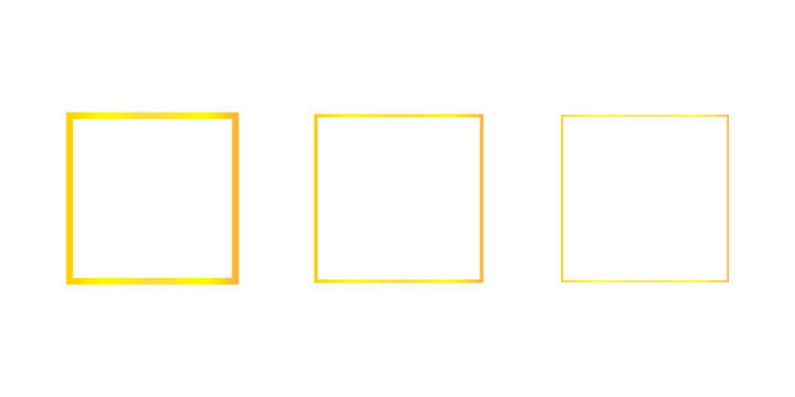 Set of three thin gold square frames with shiny metallic gradient borders for elegant design