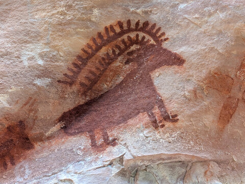 View of ancient rock art depicting a bighorn sheep painted on a textured sandstone wall near the Yampa River in Moffat County, Colorado, United States.