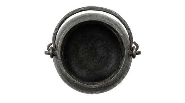 Top view of a rustic cast iron cauldron with a sturdy handle isolated on white background