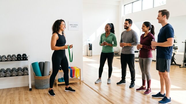Office team gathers for a coached lunch break circuit