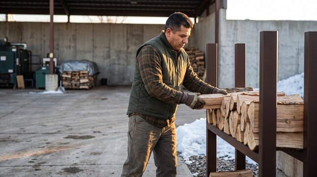 Worker stacks ash logs at a community heating depot