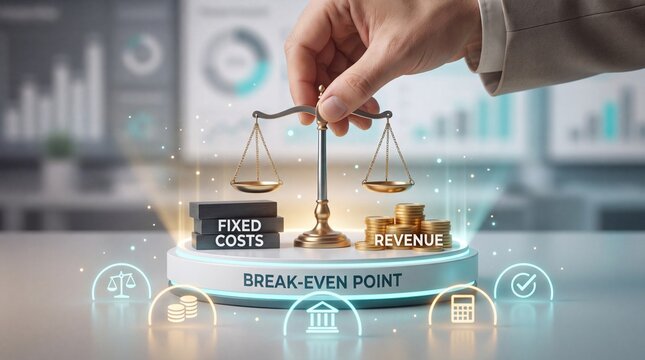 A hand balancing fixed costs and revenue on a scale to illustrate break even point