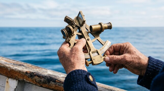 Hands setting a sextant above the open sea