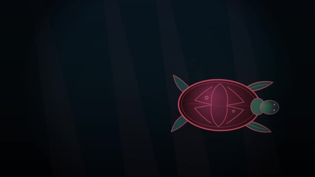 Minimalist digital animation of a geometric sea turtle swimming underwater