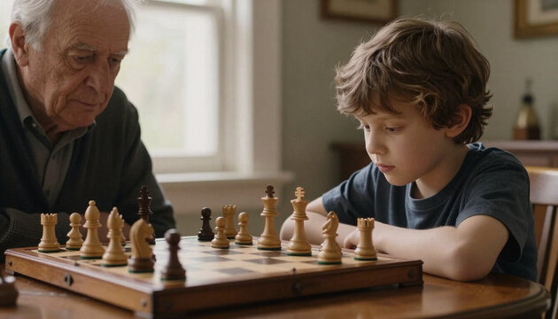 Elderly man and young boy playing chess at a table indoors  